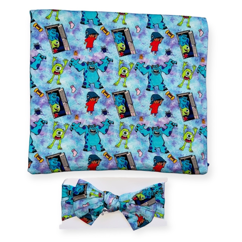 NWT Monster Inc Bamboo Swaddle & Headband Set